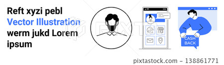 Digital identity, e-commerce, online services, cashback rewards, mobile apps, user profiles. Person illustration, online profile interface cashback visual. Digital identity and e-commerce concept Digital identity, e-commerce, online services, cashback rewards, mobile apps, user profiles. Person illustration, online profile interface cashback visual. Digital identity and e-commerce concept 138861771