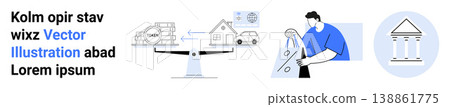 Business planning, taxation, property ownership, financial decisions, legal processes, investment. Icons of a weighing scale, man with calculations property exchange. Taxation and business planning Business planning, taxation, property ownership, financial decisions, legal processes, investment. Icons of a weighing scale, man with calculations property exchange. Taxation and business planning 138861775