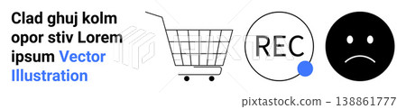 E-commerce, retail trends, digital media, consumer emotions, marketing tools, video recording. Shopping cart, recording button sad face icon. E-commerce and consumer emotions concepts 138861777