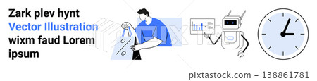 E-commerce, business automation, time management, shopping trends, data analysis, consumer behavior. Man with shopping bags, robot analyzing data clock. E-commerce and business automation concepts 138861781