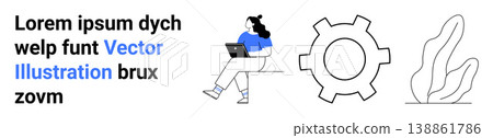 Business workflow, productivity tools, tech innovation, teamwork, minimalism, workplace design. Woman using a laptop, a gear icon abstract plant illustration. Business workflow and productivity Business workflow, productivity tools, tech innovation, teamwork, minimalism, workplace design. Woman using a laptop, a gear icon abstract plant illustration. Business workflow and productivity 138861786