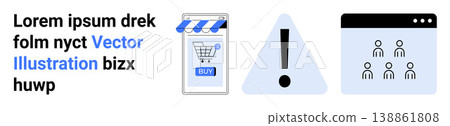 E-commerce, online warnings, team collaboration, app design, digital tools, web interface. Shopping app, alert triangle and group layout. E-commerce and online warnings 138861808