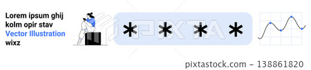 Cybersecurity, data analysis, password management, technology concepts, secure access, information security. Visual of password-box with asterisks, a person and a data graph. Cybersecurity and data 138861820