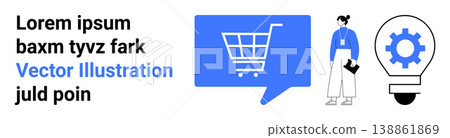 Online shopping, digital business, innovation, customer interaction, tech solutions, modern ideas. Shopping cart in speech bubble, person and gear in lightbulb. Online shopping and digital business Online shopping, digital business, innovation, customer interaction, tech solutions, modern ideas. Shopping cart in speech bubble, person and gear in lightbulb. Online shopping and digital business 138861869