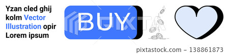 E-commerce, digital payments, consumer behavior, online business, financial transactions, retail shopping. Blue buy button, heart icon coins falling. E-commerce and digital payments concept 138861873