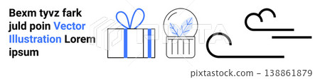 Holiday , celebrations, seasons, climate, gifts, packaging. Minimalist gift box, snow globe and abstract wind lines. Holiday themes and celebrations conceptualized in simple line art Holiday , celebrations, seasons, climate, gifts, packaging. Minimalist gift box, snow globe and abstract wind lines. Holiday themes and celebrations conceptualized in simple line art 138861879