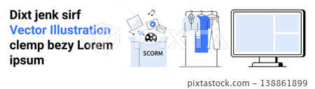 E-learning, online courses, content management, clothing organization, digital tools, productivity workflow. SCORM file with icons, wardrobe and monitor. E-learning and content management concept E-learning, online courses, content management, clothing organization, digital tools, productivity workflow. SCORM file with icons, wardrobe and monitor. E-learning and content management concept 138861899