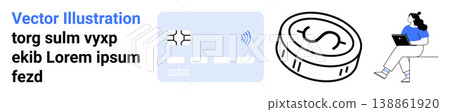 Digital payments, online banking, financial services, money management, e-commerce, remote access. Illustration showing credit card, coin and a woman using a laptop. Digital payments and online 138861920