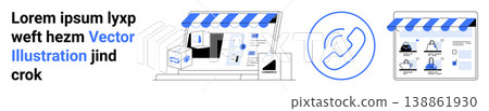 E-commerce, online shopping, customer service, small business, digital marketing, retail solutions. Storefront and shopping elements with a communication icon. E-commerce and online shopping concept E-commerce, online shopping, customer service, small business, digital marketing, retail solutions. Storefront and shopping elements with a communication icon. E-commerce and online shopping concept 138861930