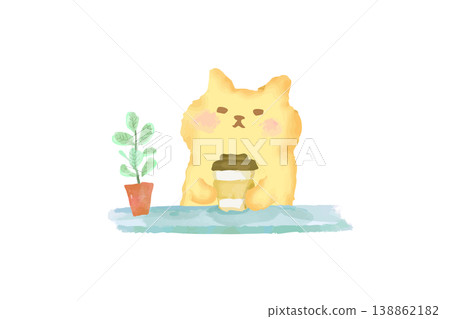 A cute watercolor illustration of a cat leisurely enjoying coffee. A cute watercolor illustration of a cat leisurely enjoying coffee. 138862182