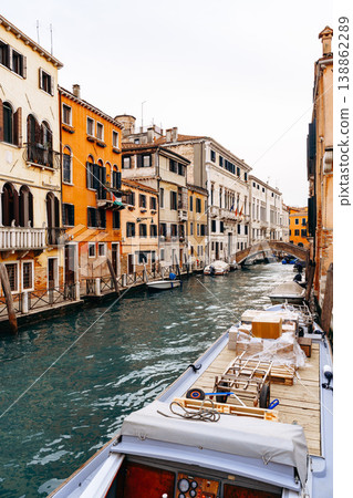 Venice waterways show boats and buildings along a canal in a busy city Venice waterways show boats and buildings along a canal in a busy city 138862289