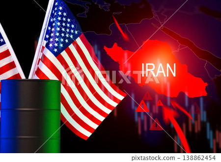 Conflict between Iran and USA due to oil issues in 2026 with flags shown 138862454