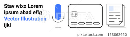 Voice assistance, online transactions, secure systems, document processing, data management, and communication. Icon of a microphone, credit card and printed papers. Voice assistance and online Voice assistance, online transactions, secure systems, document processing, data management, and communication. Icon of a microphone, credit card and printed papers. Voice assistance and online 138862630