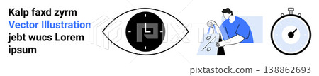 Time management, retail shopping, vision, observation, efficiency, modern tools. Eye with a clock, a shopper with bags and a stopwatch. Time management and retail shopping 138862693