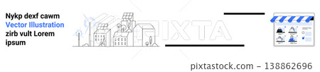 Renewable energy, e-commerce, digital business, sustainable energy, technology in retail, clean energy. Urban buildings and solar panels connecting to an online store. Renewable energy and e-commerce 138862696