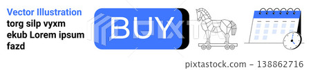 E-commerce, cybersecurity, shopping tools, cyberattacks, hacking prevention, online scheduling. a buy button, Trojan horse and calendar clock. E-commerce and cybersecurity focus E-commerce, cybersecurity, shopping tools, cyberattacks, hacking prevention, online scheduling. a buy button, Trojan horse and calendar clock. E-commerce and cybersecurity focus 138862716