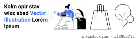 Online shopping, ecommerce, remote work, relaxation, minimalism, eco-friendly lifestyle. Person using laptop on couch, shopping bag tree icon. Online shopping and remote work concept Online shopping, ecommerce, remote work, relaxation, minimalism, eco-friendly lifestyle. Person using laptop on couch, shopping bag tree icon. Online shopping and remote work concept 138862755