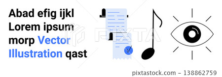 Creativity, music production, task management, vision, abstract concepts, design. Checklist with a checkmark, musical note and eye graphic with placeholder text. Creativity and music production Creativity, music production, task management, vision, abstract concepts, design. Checklist with a checkmark, musical note and eye graphic with placeholder text. Creativity and music production 138862759