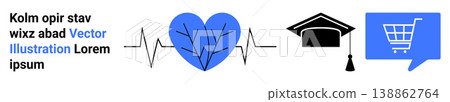 Education, healthcare, online shopping, e-commerce, academic success, student life. Blue heart with pulse line, black graduation cap and shopping cart in a chat bubble. Healthcare and education Education, healthcare, online shopping, e-commerce, academic success, student life. Blue heart with pulse line, black graduation cap and shopping cart in a chat bubble. Healthcare and education 138862764