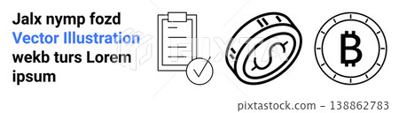 Cryptocurrency, finance management, digital currency, online transactions, blockchain technology, investment. Clipboard with checkmark, dollar coin and Bitcoin symbol. Cryptocurrency and finance Cryptocurrency, finance management, digital currency, online transactions, blockchain technology, investment. Clipboard with checkmark, dollar coin and Bitcoin symbol. Cryptocurrency and finance 138862783
