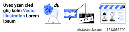 Cybersecurity, identity theft prevention, e-commerce security, phishing detection, online fraud, data protection. A person holding a shield, phishing rod and online shopping elements. Cybersecurity 138862791