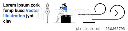 Online communication, relaxation, abstract designs, decorative elements, minimalism, modern technology. Woman sitting and reading on a smartphone, with a torch and abstract wind shapes nearby. Online Online communication, relaxation, abstract designs, decorative elements, minimalism, modern technology. Woman sitting and reading on a smartphone, with a torch and abstract wind shapes nearby. Online 138862793