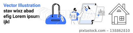 E-commerce, travel, location services, online shopping, home finding, digital navigation. Vector showing a shopping bag, person with a mobile map and a simple house outline. E-commerce and travel E-commerce, travel, location services, online shopping, home finding, digital navigation. Vector showing a shopping bag, person with a mobile map and a simple house outline. E-commerce and travel 138862810