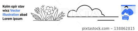 Nature, digital design, environmental awareness, floral concepts, technology in nature , cloud computing. Line art of flowers, cloud and a person with a digital screen. Nature and digital design Nature, digital design, environmental awareness, floral concepts, technology in nature , cloud computing. Line art of flowers, cloud and a person with a digital screen. Nature and digital design 138862815