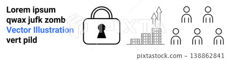 Business security, data protection, teamwork, financial success, growth strategy, organizational efficiency. Illustrations of a lock, growth chart and group of people. Business security and teamwork 138862841