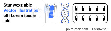 Science innovation, medical research, genetics, pharmaceutical development, apparel industry, lifestyle. DNA double helix, clothing rack pills in blister pack. Genetics and medical research Science innovation, medical research, genetics, pharmaceutical development, apparel industry, lifestyle. DNA double helix, clothing rack pills in blister pack. Genetics and medical research 138862843