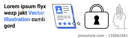 Personal data protection, cybersecurity, identity management, online verification, digital records, analysis. Visual includes a document, lock and head with data points. Personal data protection Personal data protection, cybersecurity, identity management, online verification, digital records, analysis. Visual includes a document, lock and head with data points. Personal data protection 138862861