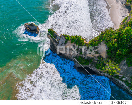 The beautiful aerial view of the morning on the beach with blue sea water in Kaur, Bengkulu, Indonesia 138863071