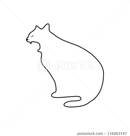 一隻打哈欠的貓－一幅描繪放鬆貓咪的簡單線條插畫。 138863547