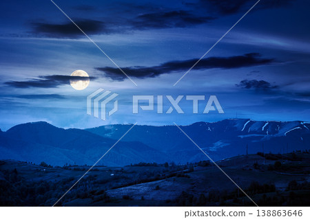 mountainous countryside scenery at night. mysterious sky above the distant valley and ridge. full moon over remote meadows and trees on rolling hills. beautiful nature landscape during spring mountainous countryside scenery at night. mysterious sky above the distant valley and ridge. full moon over remote meadows and trees on rolling hills. beautiful nature landscape during spring 138863646