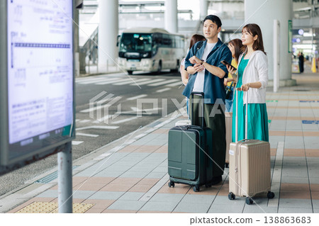 A couple waiting for a taxi (or bus) at their travel destination. (Photo courtesy of Kansai International Airport (KIX)) A couple waiting for a taxi (or bus) at their travel destination. (Photo courtesy of Kansai International Airport (KIX)) 138863683