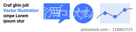 E-commerce, online shopping, travel services, data analysis, technology, business tools. Icons shopping cart, airplane and chart. E-commerce and travel services visually E-commerce, online shopping, travel services, data analysis, technology, business tools. Icons shopping cart, airplane and chart. E-commerce and travel services visually 138863725