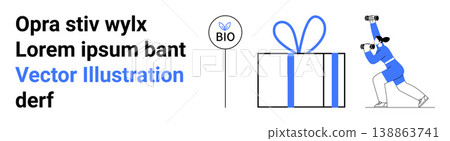 Environmental awareness, gift packaging, exploration, branding, eco-friendly concepts, adventure. A gift box, bio label and a person with binoculars. Environmental awareness and gift packaging Environmental awareness, gift packaging, exploration, branding, eco-friendly concepts, adventure. A gift box, bio label and a person with binoculars. Environmental awareness and gift packaging 138863741