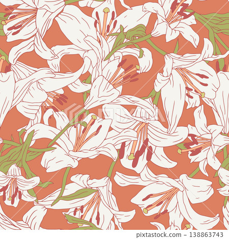Vintage seamless pattern with hand drawn white lily flowers on orange background. Boho floral repeat wallpaper Vintage seamless pattern with hand drawn white lily flowers on orange background. Boho floral repeat wallpaper 138863743