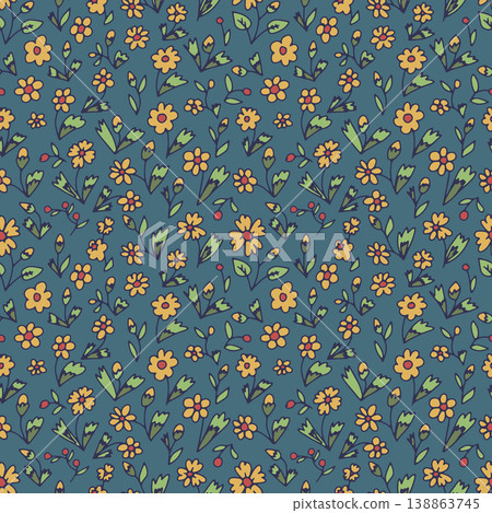 Ditsy floral seamless pattern on teal background. Hand drawn vintage backdrop with tiny yellow flowers. Cottagecore texture Ditsy floral seamless pattern on teal background. Hand drawn vintage backdrop with tiny yellow flowers. Cottagecore texture 138863745