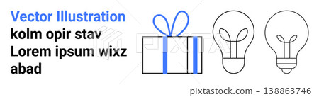Creativity, innovation, business ideas, teamwork, presents, design concepts. Outline of a gift box with ribbon and two light bulbs. Creativity and innovation concept for modern visuals Creativity, innovation, business ideas, teamwork, presents, design concepts. Outline of a gift box with ribbon and two light bulbs. Creativity and innovation concept for modern visuals 138863746
