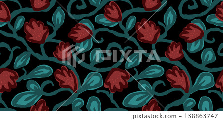 Seamless pattern with hand drawn abstract loose flowers and leaves vine. Artistic brush strokes trailing floral design Seamless pattern with hand drawn abstract loose flowers and leaves vine. Artistic brush strokes trailing floral design 138863747