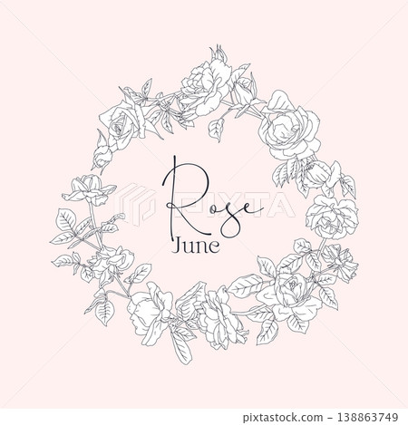 Hand drawn line art black and white flowers round frame with text Rose June on pink background Hand drawn line art black and white flowers round frame with text Rose June on pink background 138863749