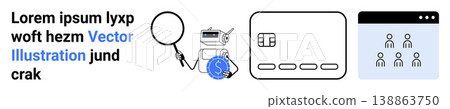 Digital security, payment systems, user authentication, online transactions, financial technology, identity verification. Magnifying glass, robotic icon credit card user interface screen. Digital Digital security, payment systems, user authentication, online transactions, financial technology, identity verification. Magnifying glass, robotic icon credit card user interface screen. Digital 138863750