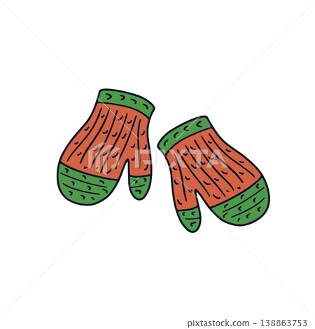 Hand drawn doodle pair of thick knitted mittens icon. Line art woolen knitwear drawing 138863753