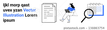 Remote work, task planning, productivity tools, time management, file organization, digital workflow. Woman with laptop, documents calendar magnifying glass. Remote work and task planning Remote work, task planning, productivity tools, time management, file organization, digital workflow. Woman with laptop, documents calendar magnifying glass. Remote work and task planning 138863754