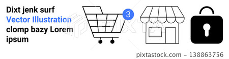 Online shopping, retail security, digital transactions, small businesses, store management, data protection. Shopping cart with notification, storefront and padlock icon. Online shopping and retail Online shopping, retail security, digital transactions, small businesses, store management, data protection. Shopping cart with notification, storefront and padlock icon. Online shopping and retail 138863756