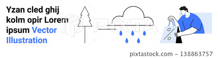 Weather, environment, sustainability, shopping, climate change, eco-friendly practices. Cloud raining near a tree and person with shopping bags. Weather and sustainability concepts Weather, environment, sustainability, shopping, climate change, eco-friendly practices. Cloud raining near a tree and person with shopping bags. Weather and sustainability concepts 138863757
