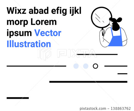 Search, analysis, discovery, exploration, research, curiosity. Woman with a magnifying glass beside abstract lines and text. Search and analysis concepts in design 138863762