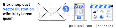 Digital communication, e-commerce, online shopping, notifications, marketing, interface design. Email with notification icon, storefront and digital dashboard. E-commerce and digital communication Digital communication, e-commerce, online shopping, notifications, marketing, interface design. Email with notification icon, storefront and digital dashboard. E-commerce and digital communication 138863763
