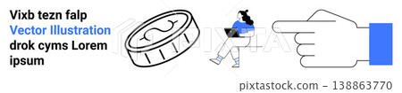 Financial tech, work productivity, modern design, direction, decision-making, and navigation. A coin, a person on a laptop and a pointing hand. Financial tech and work productivity Financial tech, work productivity, modern design, direction, decision-making, and navigation. A coin, a person on a laptop and a pointing hand. Financial tech and work productivity 138863770